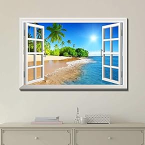 Canvas Print Wall Art - Window Frame Style Wall Art - Beautiful Tropical Beach with White Sand,Clear Sea and Palm Trees Under Blue Sunny Sky - 24" x 36"