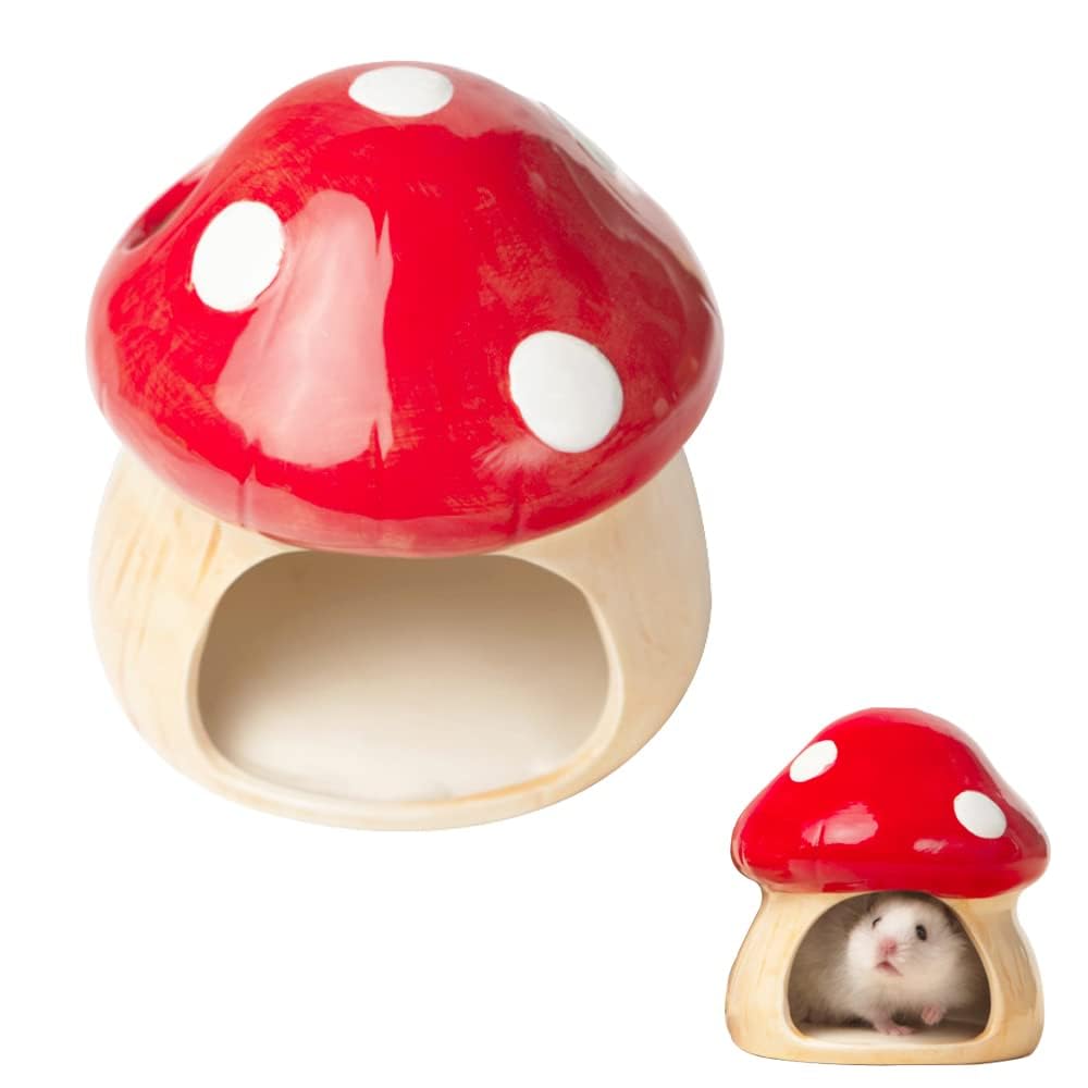 JVHLOV Hamster Hideout Ceramic, House Ceramic Hamster House, Mushroom Hideout Hut, for All-Season Cool Bed Dwarf Hamster Gerbil Mice Golden Bear (Pet nest)