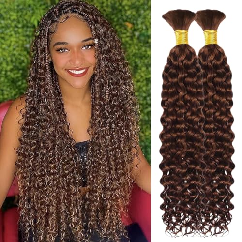 Human Braiding Hair 2 Bundle Water Wave Human Hair for Boho Braids Chocolate Brown Brazilian Virgin Curly Human Hair for Knotless Braids No Weft Boho Knotless Braids Bulk (22inch/100g)