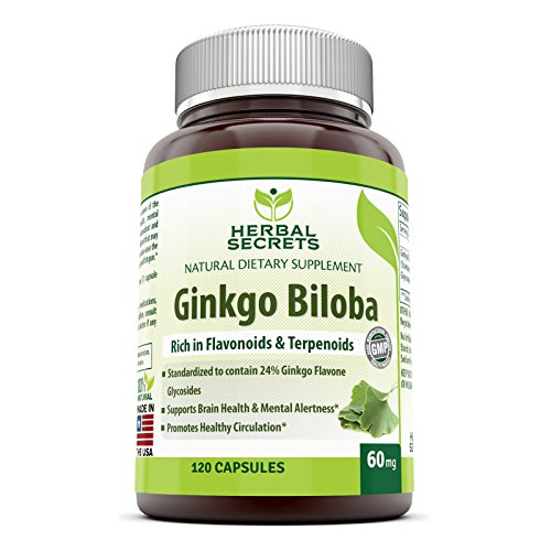 Herbal Secrets Ginkgo Biloba 60 mg 120 Capsules - Ginkgo Leaf Extract (Standardized to Contain 24% Ginkgo Flavone Glycosides) in each Capsule - Memory Support * Healthy Circulation*
