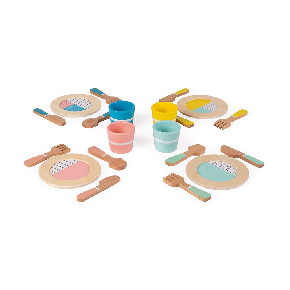 Janod - Wooden 20-Pieces Dinner Set, Retro Design - Imitation Game - Cooking Game - Teaches Fine Motor Skills and Imagination - Ages 3 and up - J06600