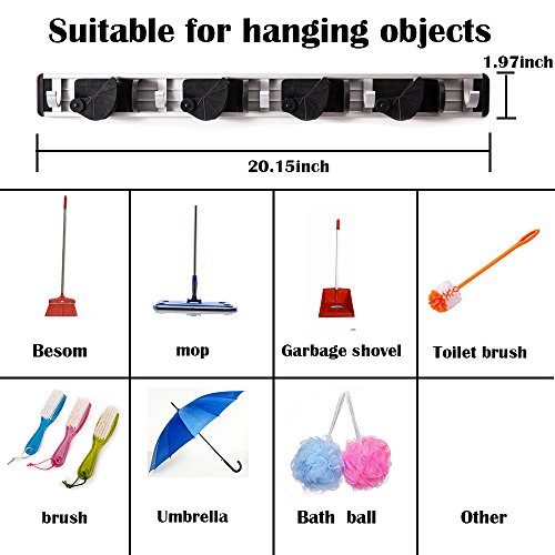 Mop Broom Holder Wall Mount Aluminium Alloy Garage Broom Organizer and Garden Tool Storage Adjustable Towel Hook Rack 5 Position with 6 Hooks Good Life Improvement