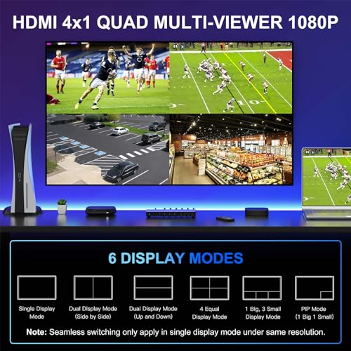 HDMI Multiviewer Switch 4x1 with Pip, PORTTA Quad Multi Viewer Seamless Switch 4 in 1 out with Toslink, 3.5mm Audio Output Support 1080p 60Hz, 6 Viewing Modes, Downscaler, Compatible with PS4 Xbox