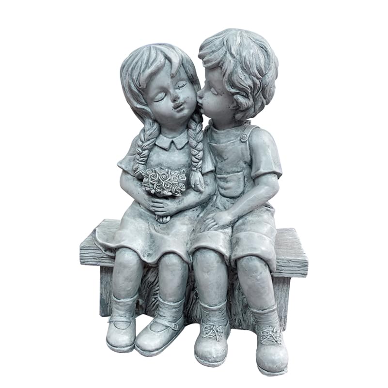 IWOWHERO Resin Garden Sculpture Boy and Girl Kissing Figurine 7.48 Inch Outdoor Yard Statue Romantic First Kiss Ornament