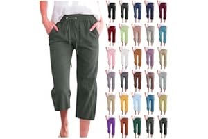 Generic Capri Pants for Women Casual 2024 Summer Drawstring Elastic High Waist Linen Pants Wide Leg Plus Size Lounge Capris