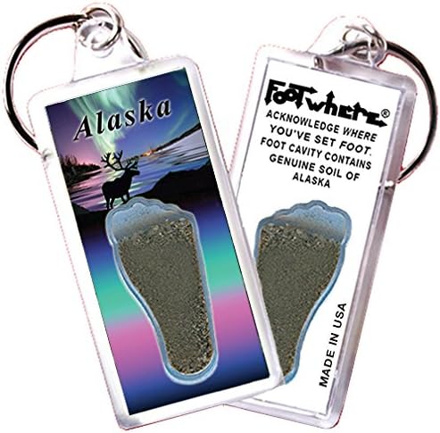 FootWhere Alaska Keychain (AK103 - Caribou). Authentic destination souvenir acknowledging where you've set foot. Genuine soil of featured location encased inside foot cavity. Made in USA