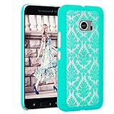 HTC 10 Case, SGM® Damask Design Pattern Rubber Coating Ultra Slim Fit Hard Hybrid Case Cover for HTC 10 + SGM® Microfiber Cleaning Cloth (Turquoise)