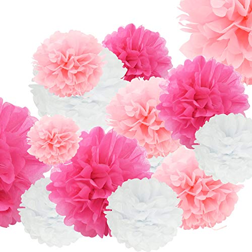 24pcs Craft Paper Tissue Pom Poms, Doubletwo Ceiling Decor Wall Decor; 12inches 10inches 8inches Hanging Paper Pom-poms Flower Ball Wedding Party Outdoor Decoration Flowers Craft Kit (Pink White)