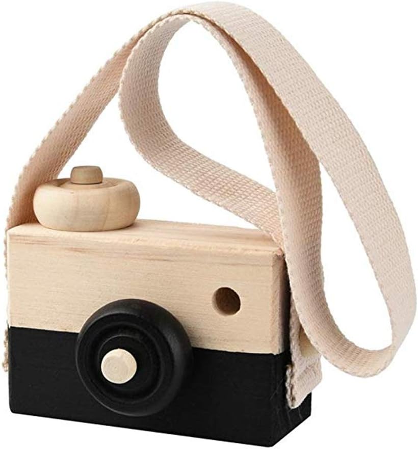 Oyria Kids Wooden Mini Camera Toy, Natural Cute Wood Camera Sharpe Toy with Neck Strap Kids' Room Hanging Decor for Baby Toddlers Children,Black
