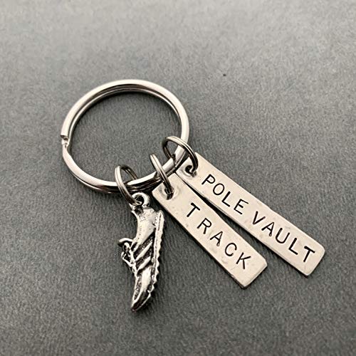 RUN TRACK POLE VAULT Key Chain - Running Shoe Charm and Hand Stamped TRACK and POLE VAULT Pendants on Round Key Ring - Track and Field Pole Vault Event