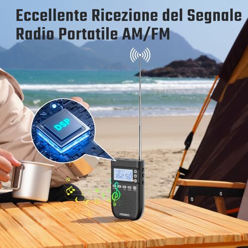 PRUNUS J-618 Portable AM/FM Radio with Bluetooth Headset Connection, Mini Rechargeable Radioline, 2000 mAh Digital Radio with Headphone Jack, TF Card Slot, Sleep Timer
