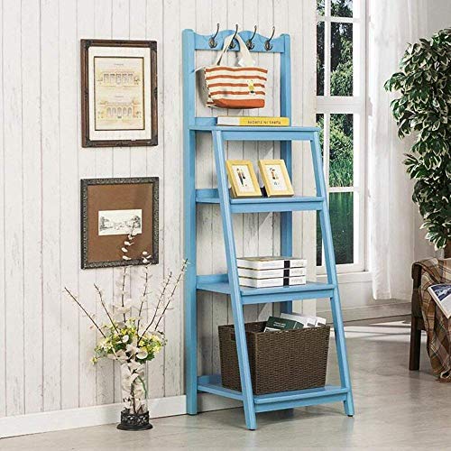 Wisdom Shelving & Storage Multilayer Wooden Rack Ladder Bookcase Ladder Shelf Framestorage Display Rack with 4 Shelves 4 Hooks Sturdy Durable,Blue - Thumbnail 5