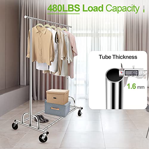 SPECILITE Heavy Duty Clothes Rail 2 in 1 with Wheels and Shelves, Adjustable Metal Coat Rack with Load Capacity of 216 kg