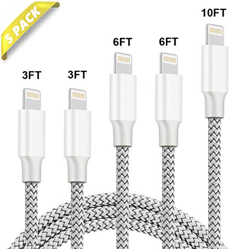Phone Charger 5Pack 3FT 3FT 6FT 6FT 10FT Nylon Braided USB Charging & Syncing Cable Compatible with Phone XS MAX XR X 8 8 Plus 7 7 Plus 6s 6s Plus 6 6 Plus and More (White)