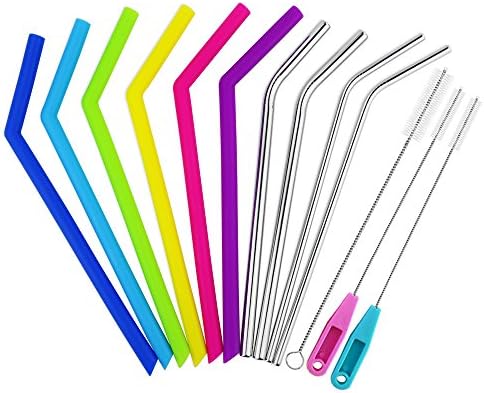 Tomnk Reusable Straws Set 6 PCS Silicone Rubber Straws for 20 30oz Yeti Tumbler/Rtic Straws,4 PCS Stainless Steel Straws and 3 Cleaning Brushes