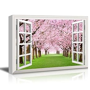Canvas Print Wall Art - Window Frame Style Wall Art - Pink Cherry/Sakura Blossom in Spring | Giclee Print Gallery Wrap Modern Home Decor. Stretched & Ready to Hang - 24" x 36"