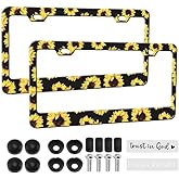 Watercolor Sunflower License Plate Frame 2 Pack Cute Yellow Floral License Plate Stainless Steel Auto Parts Colorful License Plate Funny Decorative with Tire Valve Stem Caps and Decal