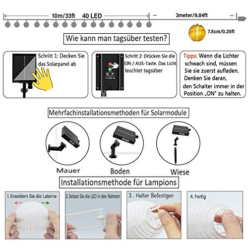 10M Solar Lampions Lichterkette Außen mit Fernbedienung, 40er LED Lampion Lichterkette Warmweiß & Mehrfarbig, Laterne… – Bild 7