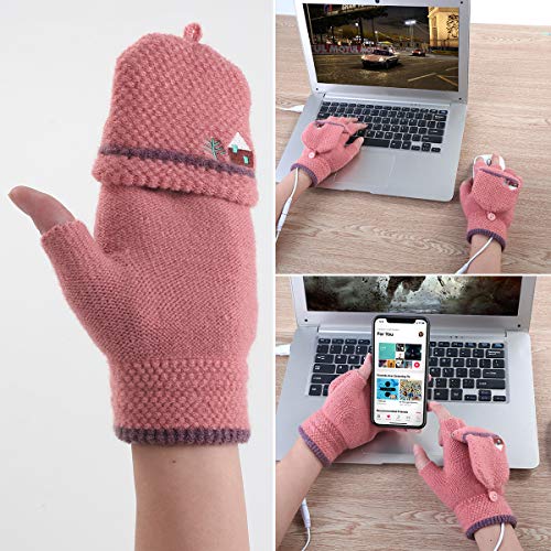 Unisex Women's & Men's USB Heated Gloves Mitten Winter Hands Warm Laptop Gloves,Yinuoday Full & Half Heated Fingerless Heating Knitting Hands Warmer Washable Design (Women Rose)
