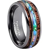 TUTISS 8mm Silver/Black/Gunmetal Tungsten Rings for Men Women Koa Wood Abalone Shell Inlay Engagement Wedding Bands Fashion Jewelry Domed Polished Shiny Comfort Fit