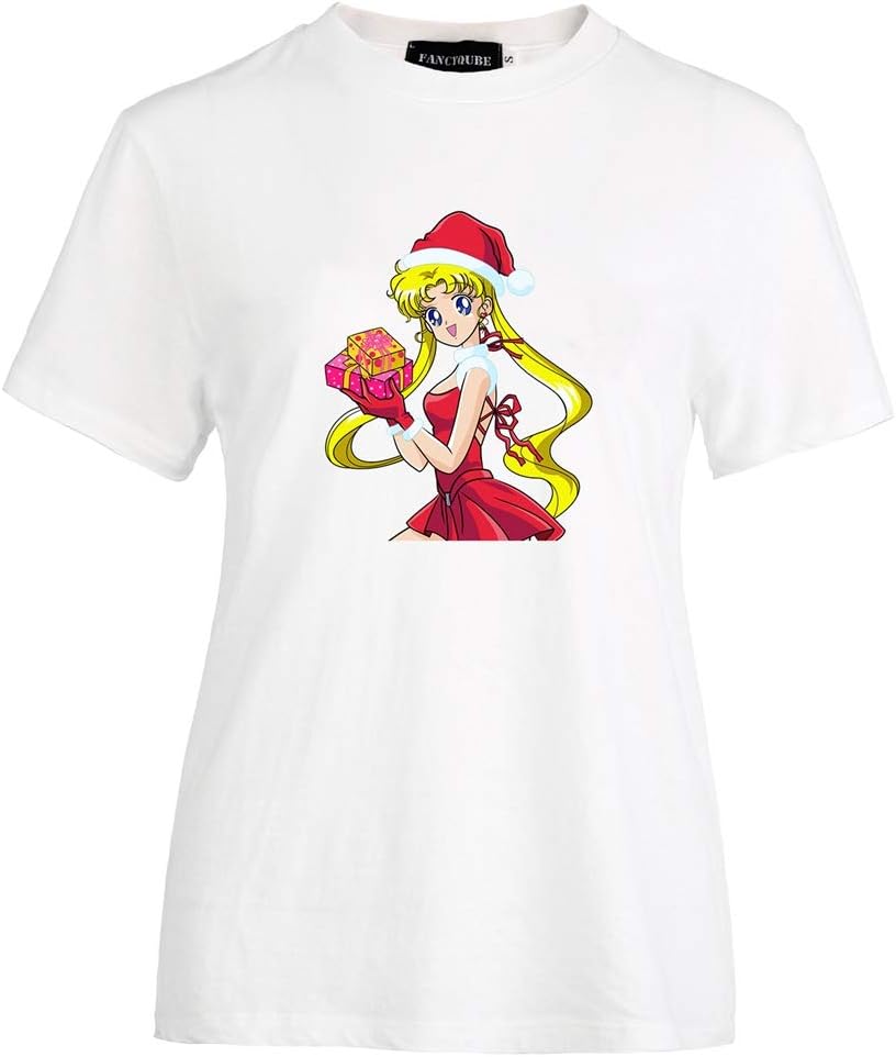 Women's Anime Sailor Moon Luna Print T-Shirt Celebrating Christmas Graphic Short Sleeve Crewneck Tops
