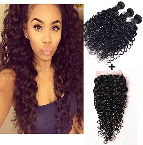 Brazilian Virgin Hair Water Wave 3 Bundles with 1 Piece Lace Closure (4x4) Natural Color Unprocessed Human Hair Extensions (12 14 16+10, Natural Color)