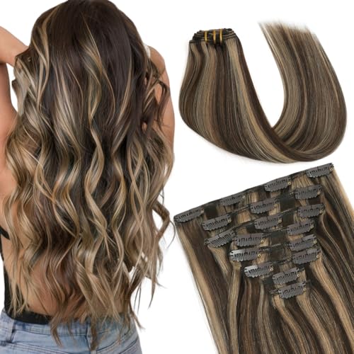 Sassina Clip in Hair Extensions Real Human Hair Chocolate Brown Highlighted Caramel Blonde Double Weft Clip ins for Women 16 Inch Human Hair Full Head 8 Pcs 120 Grams #P4-27