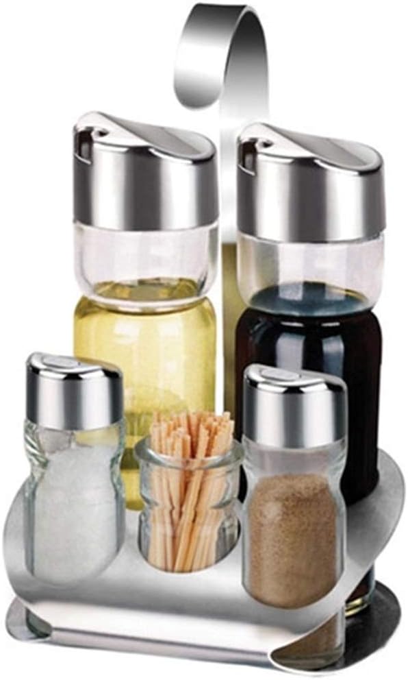 5 Piece Cruet Sets for Salt Pepper Oil and Vinegar with Stand, Cruet