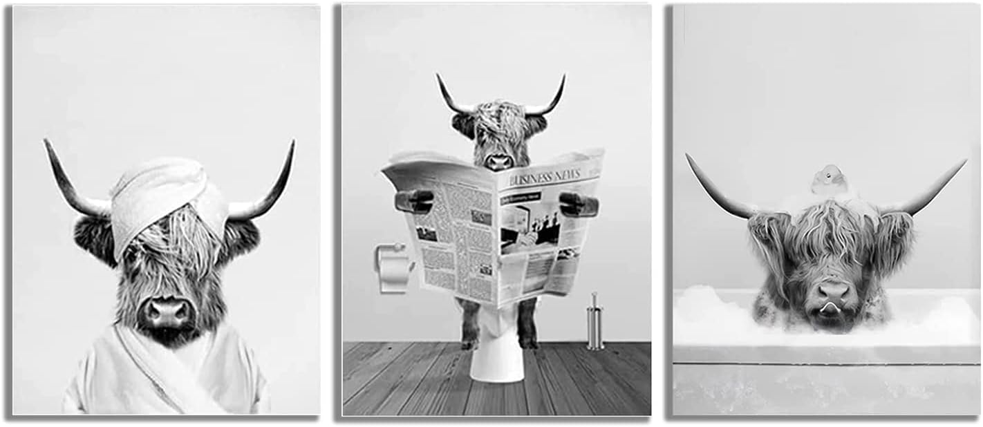 QPLGTU Bathroom Home Background Wall Decoration Poster, Black and White Highland Livestock Animal Decoration Photos Wallpaper, Funny Animal Print Poster, Frameless (Highland Cattle 5, 60 x 90 cm x 3)