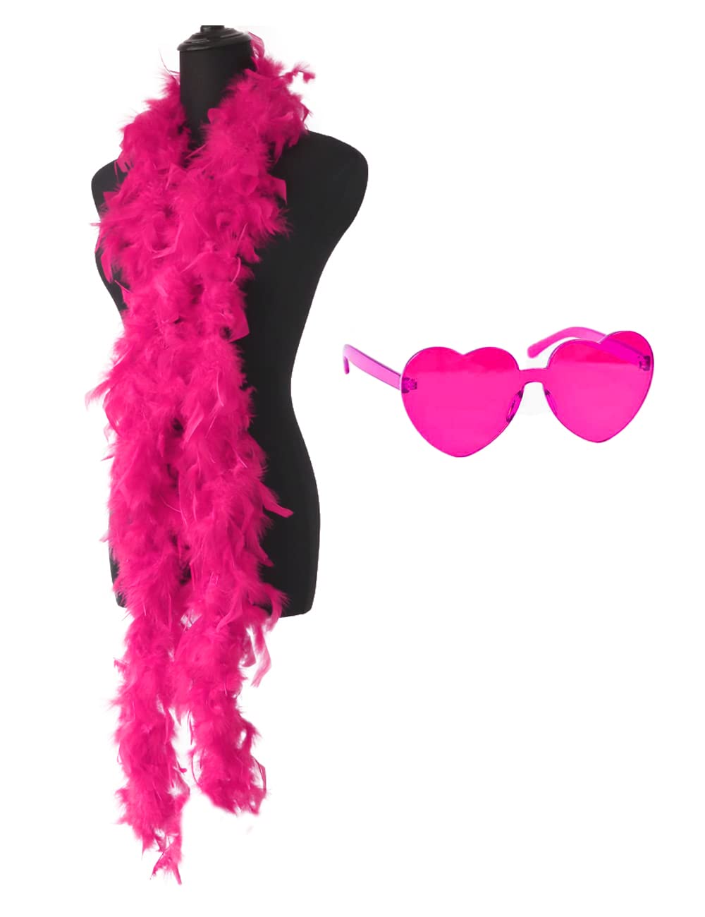 db11 Colorful Feather Boas, 6.6ft Feather Boa for Women for Dancing Wedding Party Cosplay Halloween,with Heart Rimless Sunglasses (Hot Pink)