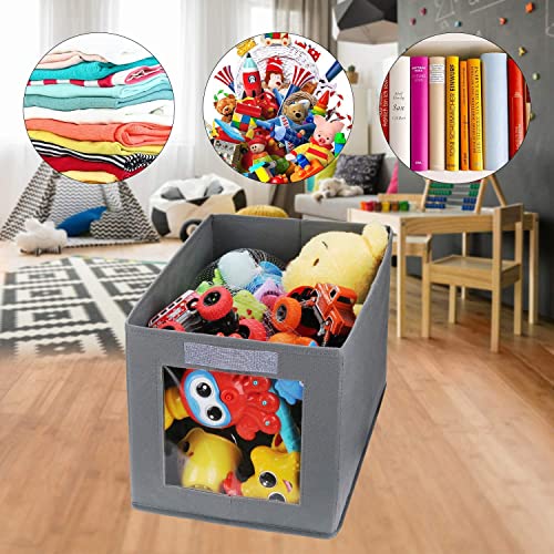 DIMJ Foldable Storage Boxes with Transparent Window Fabric Collapsible Storage Bin Basket with Handle for Wardrobe, Closet, Shelves Organiser (3 Pieces)