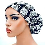 Womens Adjustable Bouffant Surgical Ponytail Cap Black with Glow in the Dark Skulls