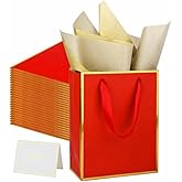 UoeRing 25 Pack Thank You Gift Bags with Handles 9.5x7.5x3.75 inch Gift Bags Medium Size Gift Bag with Tissue Paper and Card for Wedding Birthday Bridesmaid Holidays Mother's Day (Red Gold)