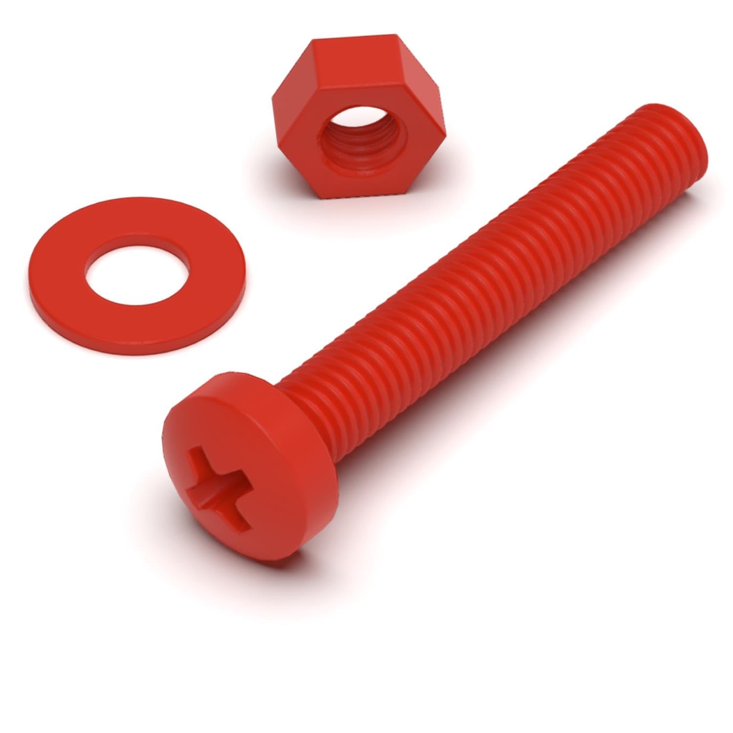 20 x Red Pan Head Screws Polypropylene (PP) Plastic Nuts and Bolts, M3 x 20mm, Washers,