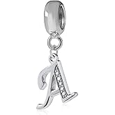 Sambaah Alphabet Charm Letter Beads Solid 925 Sterling Silver with Cubic Stones, Complete A~Z Gift Options fit Pandora European Bracelets(A)