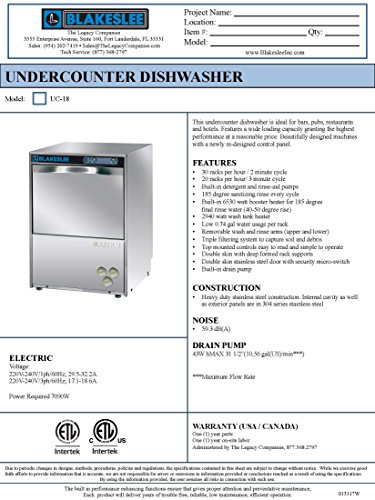 Blakeslee UC-18 Stainless Steel Commercial Restaurant Undercounter High Temperature Glass Washer and Dishwasher with Detergent Rinse-Aid Drain Pumps 185 Degree Final Rinse, 30 Racks Per Hour, Silver