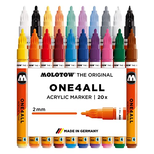 Molotow One4All 127HS Acryl Marker Main-Kit 1 (2,0 mm Strichstärke, hochdeckend und permanent, UV-beständig, für fast alle Untergründe) 20 Stück sorti