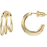 PAVOI 14K Gold Plated Multi Huggie Hoop Earrings for Women - 925 Sterling Silver Posts Triple Split Hoop Gold Earrings for Women - Trendy Fashion Jewelry