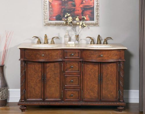 Silkroad Exclusive JYP-0193-T-UIC-60 Victoria 60" Double Sink Cabinet with 4 Drawers 4 Doors Travertine Top and Undermount Ivory Ceramic Sinks (3-Hole) in