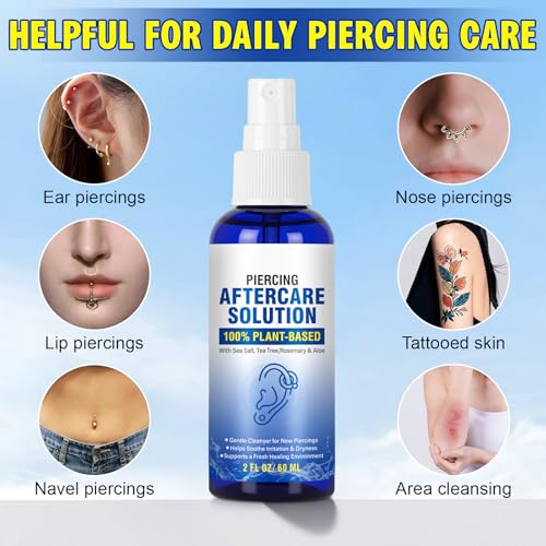 Piercing Aftercare Spray - Saline Solution Natural Keloid Bump Removal - Ear Piercing Cleaner Nose Septum Belly Button Cartilage - Seawater Disinfection Spray - Fine Mist 2 Fl Oz