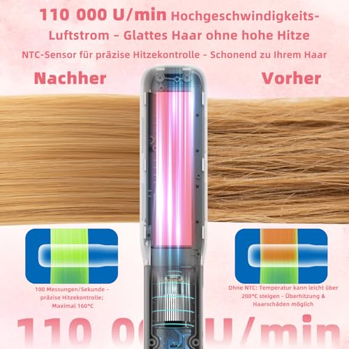 VIKICON Air Hair Straightener, Professional Ion Air Straightener without Heating Plates, Straighteners Curls and Straightens for Medium to Long Hair, Gentle Hair, Less Hair Breakage, More Shine, Light