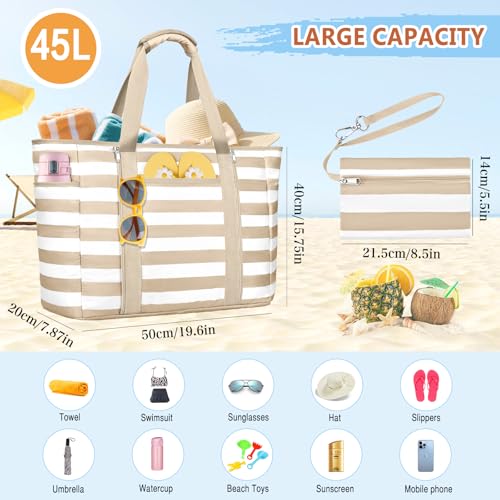 KTUEOV Large XXL Family Beach Bag, Waterproof 45L Women's Beach Bag with Zip, 12 Pockets, Beach Bag for Men Beach Foldable Lightweight for Swimming Pool, Travel, Gym, Shopping