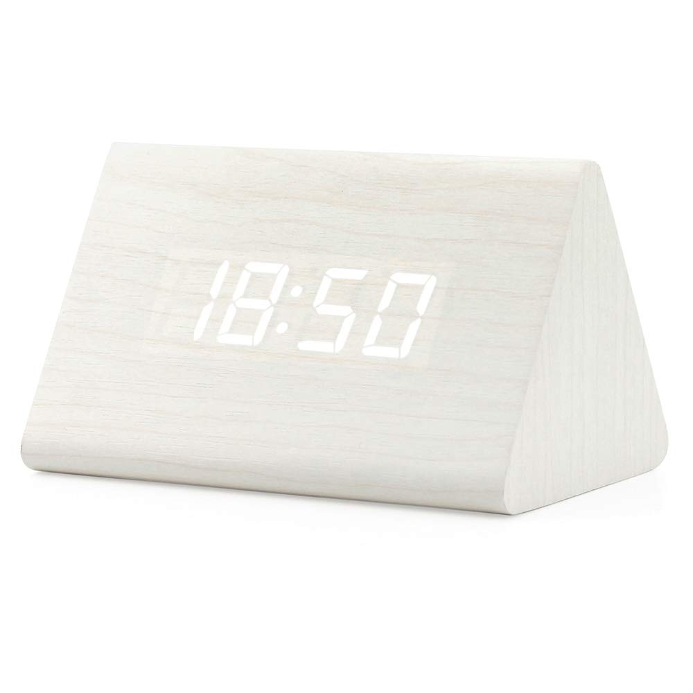 Oct17 Wooden Wood Clock, 2019 New Version LED Alarm Digital Desk Clock 3 Levels Adjustable Brightness, 3 Groups of Alarm Time, Displays Time Date Temperature - White (White Light)
