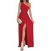 LYANER Women's One Shoulder High Split Sleeveless Ruched Cocktail Sexy Maxi Long Dress Red Small