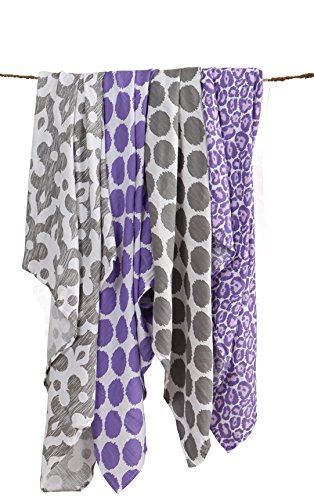 Bacati Ikat Lilac/grey Dots/leopard Swaddling Muslin Blankets Set of 4