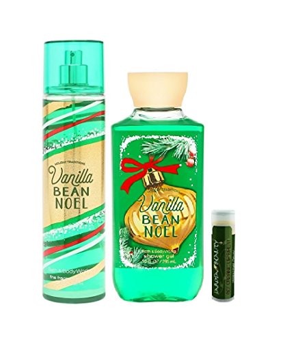 Bath & Body Works VANILLA BEAN NOEL 8 Oz. Body Mist & 10 Oz. Shower Gel With A Jarosa Bee Organic Natural Peppermint Lip Balm