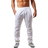 Karlywindow Mens Linen Pants Casual Loose Lightweight Drawstring Elastic Waist Summer Yoga Beach Trousers