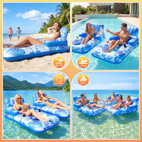 Shinepool Pool Floats Adult, 65" Thicken PVC Inflatable Pool Chair Lounger Rafts with Cup & Phone Holder & Headrest Backrest Footrest, Comfort Pool Floaties for Adults Lake Beach Party Outdoor (1PC)