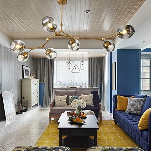 Gradient Grey 7-Light Modern Chandelier Glass Lampshade with 360° Adjustable Swivel Bracket, Gold Pendant Lighting Fixture (Human Type)