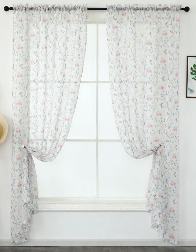 1 Pair Of Humming Bird Butterfly Floral Design Slot Top White Voile Panels - 55" (140cm ) x 48" (122cm) Drop